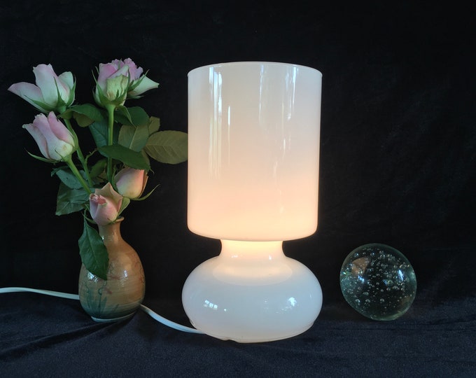 Vintage Ikea Lykta lamp, retro mushroom table lamp in white, hand made glass table lamp, night light