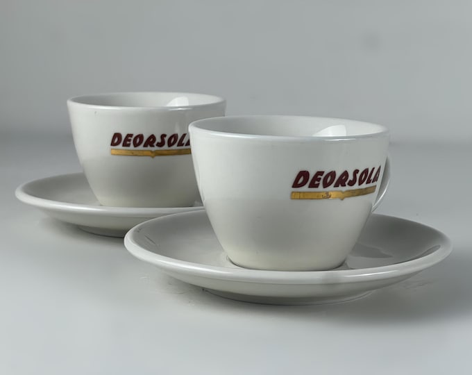2 porcelain cappuccino cups and saucers, bar quality porcelain advertising Caffe Deorsola from Torino, manucatured by ACF, Italy 1980s