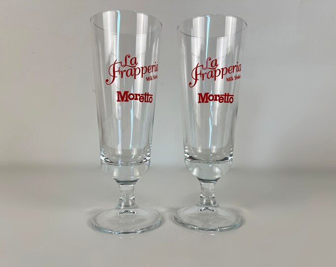 2 large vintage Italian milkshake glasses, La Frapperia, Moretto milkshakes, Italy 1980s