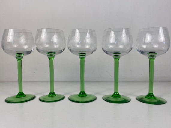 Vintage Etched with Green Stemmed Wine Glasses, Set of 6, Vintage