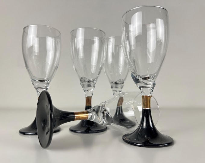 Set of 5 vintage Rocco Bormioli Arianne Sky Italian red wine glasses with painted black and gold graceful stem, Italy 1980s