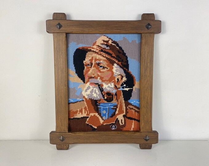 Vintage embroidery framed portrait of Dorus Rijkers, a pipe-smoking fisherman, mid century wall art 1970's, Original by Harry Haerendel