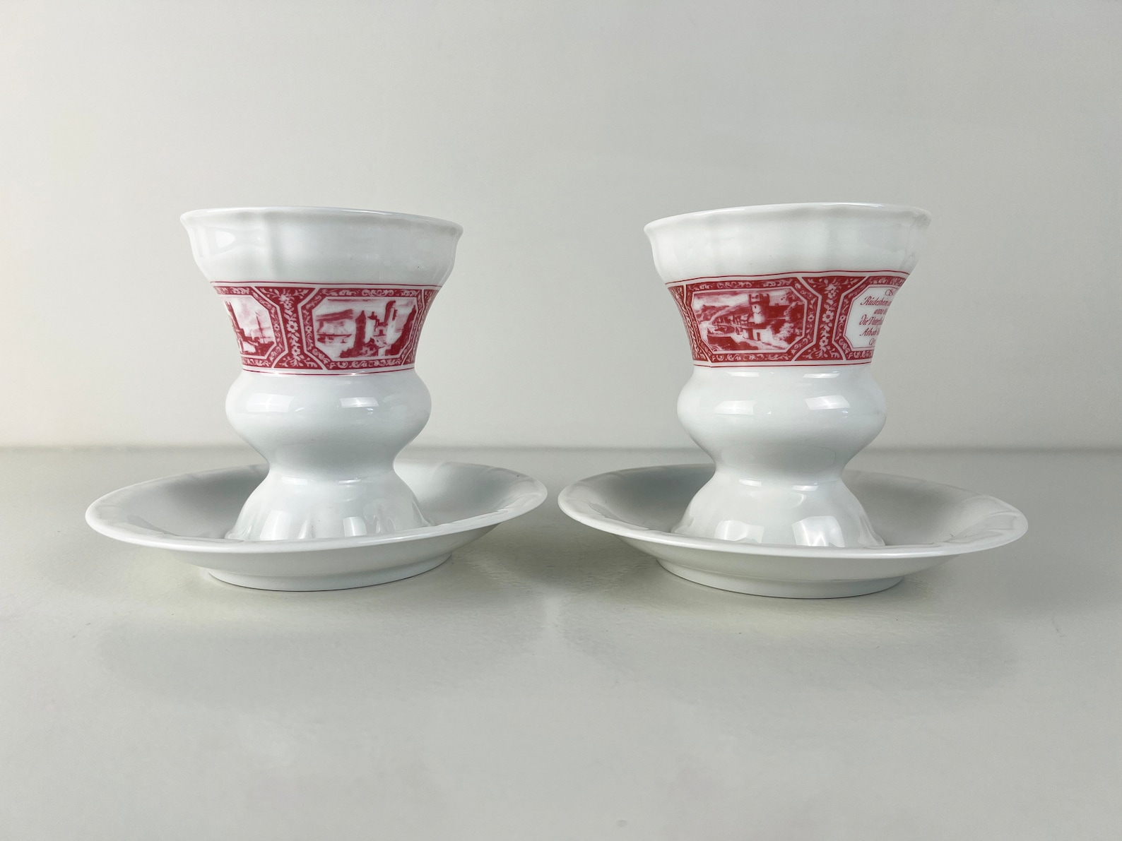 Set of two vintage Rüdesheimer Asbach Uralt porcelain coffee mug with saucer, Heinrich Porzellan Germany 1970s