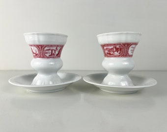 Juego de dos tazas de café de porcelana vintage Rüdesheimer Asbach Uralt con platillo, Heinrich Porzellan Alemania 1970