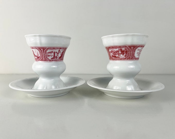 Set of two vintage Rüdesheimer Asbach Uralt porcelain coffee mug with saucer, Heinrich Porzellan Germany 1970s