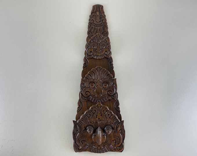 Hand carved newspaper holder with Tiki mask faces, Maori mask faces, Lovely decorative vintage newspaper holder for wall mount, 1970s design