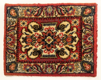 Small oriental style rug, small carpet, table topper, made of wool, red, white, blue and black accents, 1960s