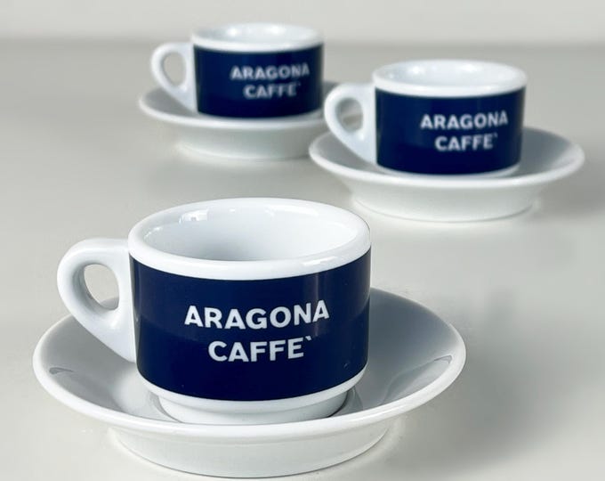 Set of 2 or 3 espresso cups and saucers, very nice vintage, bar quality porcelain, advertising Aragona Caffè, Italy 1980s