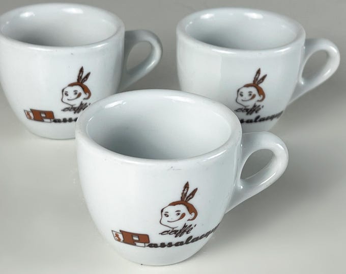 Vintage set of 3 porcelain bar quality espresso cups, the cups are illustrated with caffè Passalaqua logo. Italy 2000s