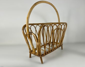 Vintage bamboo and wicker magazine holder, magazine rack, boho from the 1950s