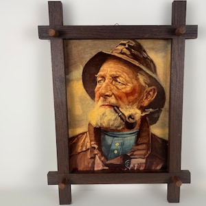 Vintage framed portrait art print of pipe-smoking fisherman, mid century wall art 1970s, Original by Harry Haerendel afbeelding 1