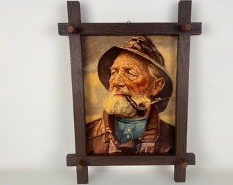 Vintage framed portrait art print of pipe-smoking fisherman, mid century wall art 1970’s, Original by Harry Haerendel