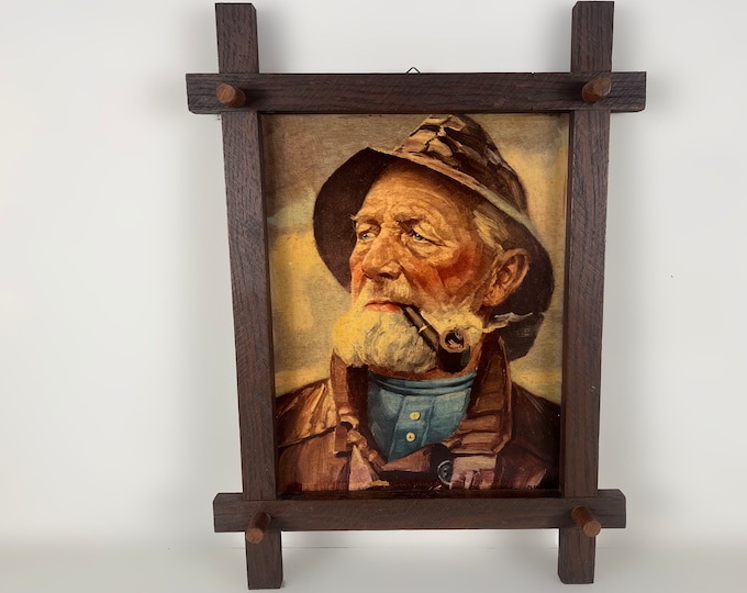 Vintage framed portrait art print of pipe-smoking fisherman, mid century wall art 1970's, Original by Harry Haerendel