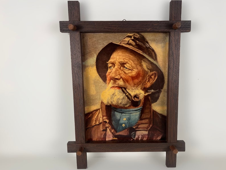 Vintage framed portrait art print of pipe-smoking fisherman, mid century wall art 1970s, Original by Harry Haerendel afbeelding 1