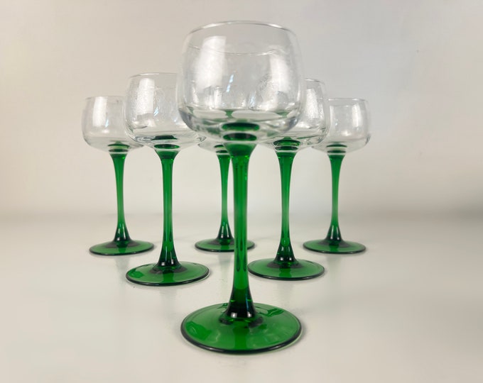 Set of 6 green long stemmed decorated white wine glasses, Alsace wine glasses, Roemer glasses, French Vintage from the 2000s