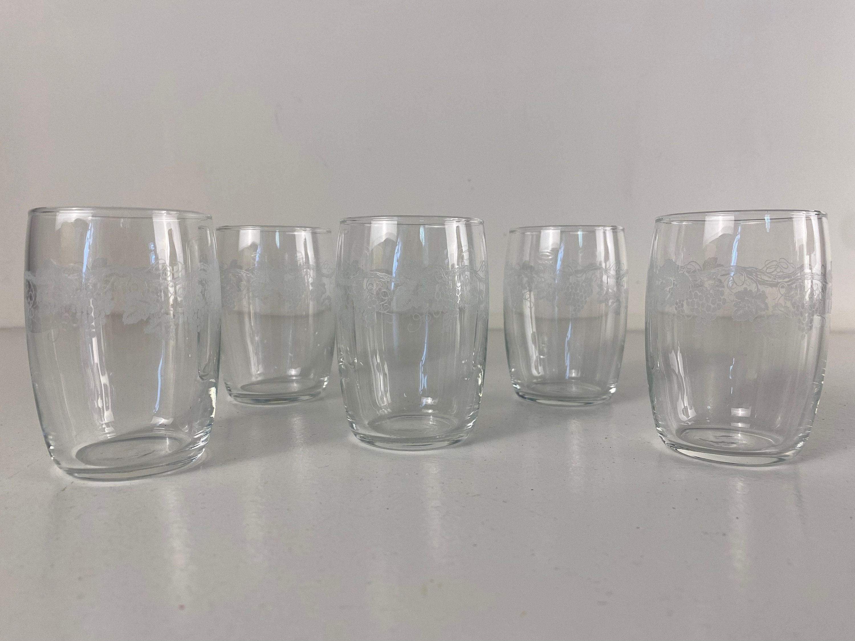 5 Small vintage wine glasses, grapes and vines decor, 1970s mid century