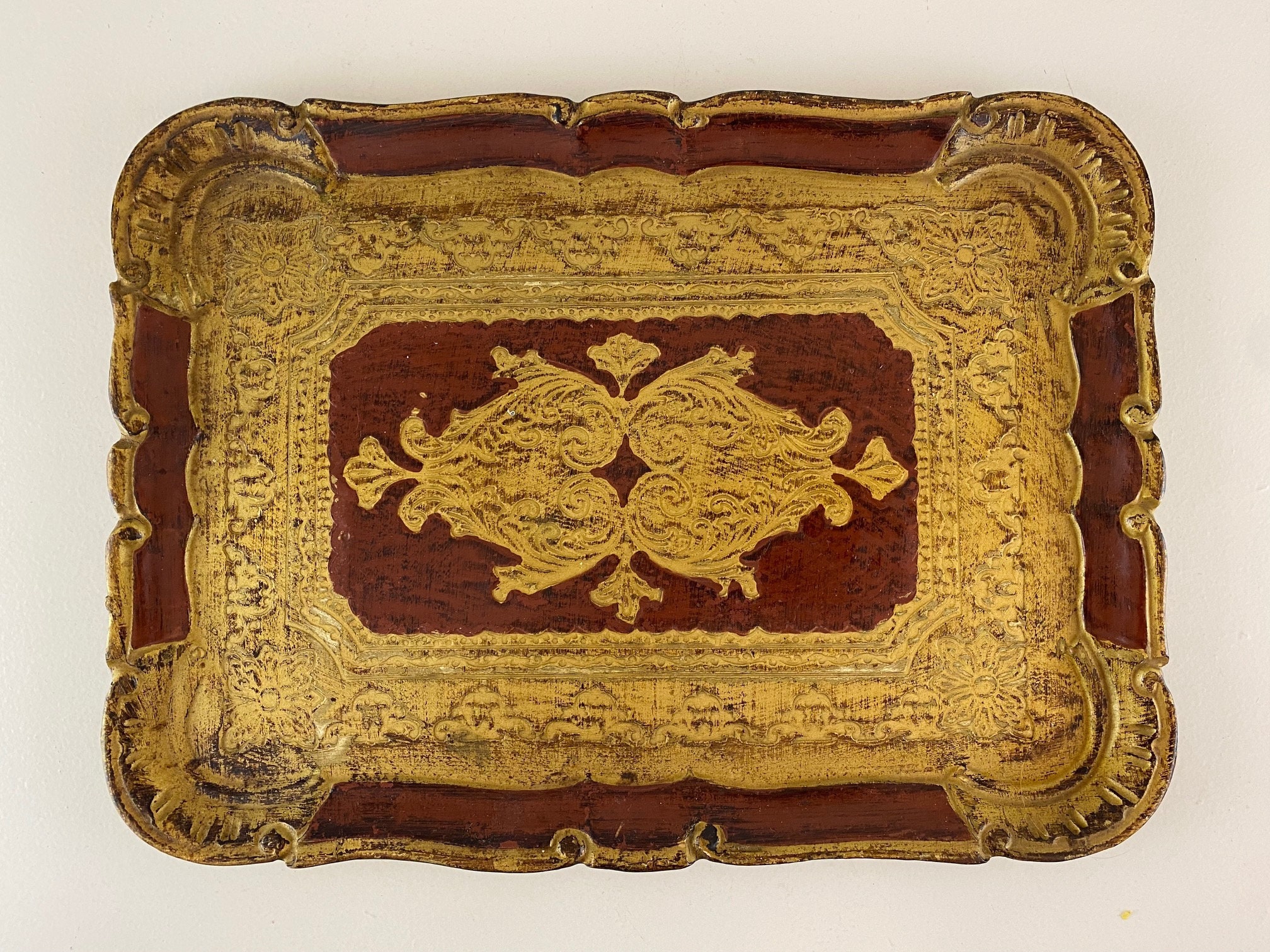 Vintage Florentine serving tray in gold and red, wood carved tray