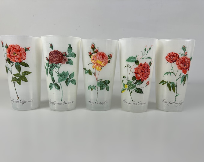 Set of 5 drinking glasses, semi opaque white glasses decorated with roses from the 1950s