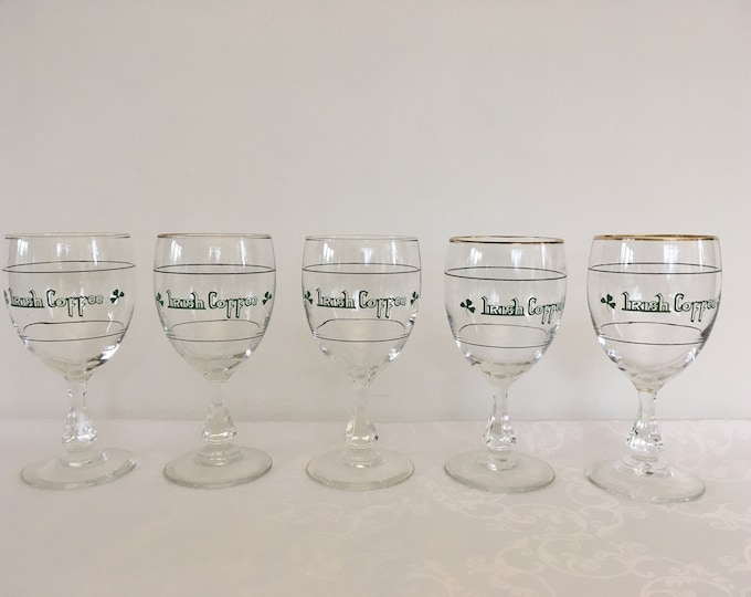 Set of 5 vintage Irish coffee glasses with golden rim from the 70s, Luminarc France, mid century modern barware