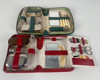 Two vintage toiletry travel sets with contents in faux leather case.