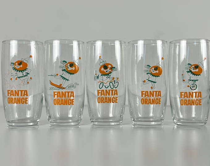 Fanta orange lemonade glasses, Fanta soda glasses, set of 5, 1970s mid century modern retro barware