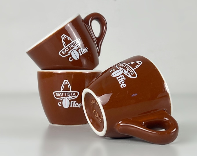 Set of 2 or 3 classic brown with white Italian vintage ACF bar quality espresso cups, advertising Battista Coffee