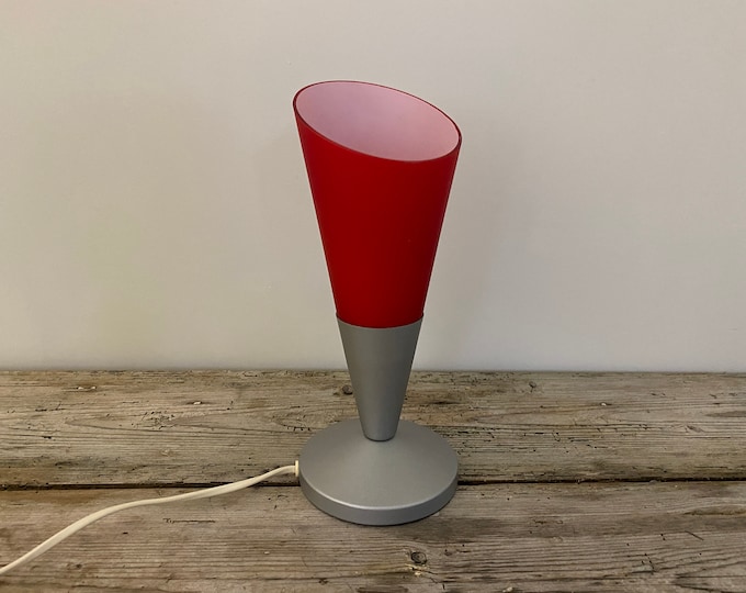 Vintage Ikea glass table lamp in red, night light, Ikea Kryolit table lamp, retro 1990's