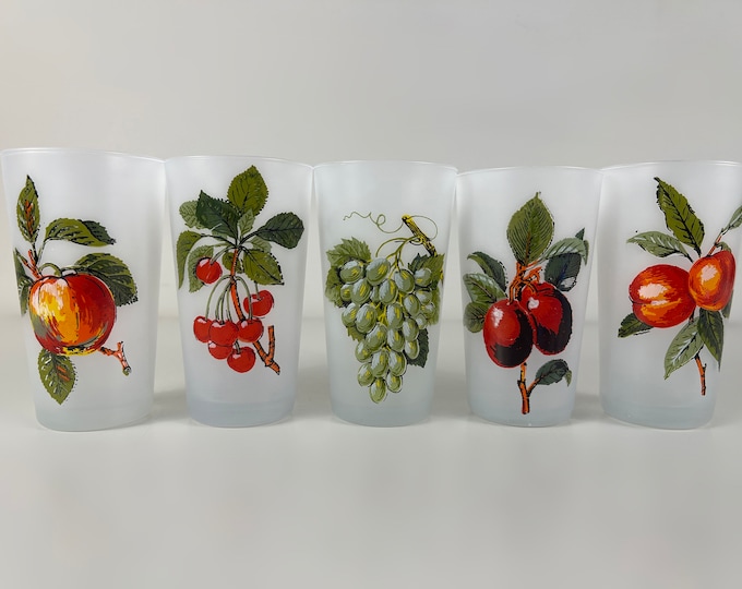 Set of 5 drinking glasses, semi opaque white glasses decorated with different kinds of fruits, from the 1950s