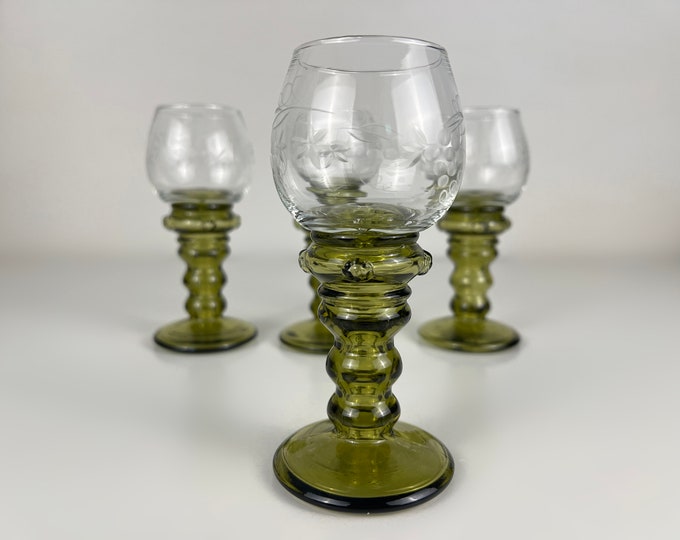Set of 4 vintage olive green, wine glasses with a decorated hollow stem and delicate etched pattern on the chalice. Vintage from the 1950s
