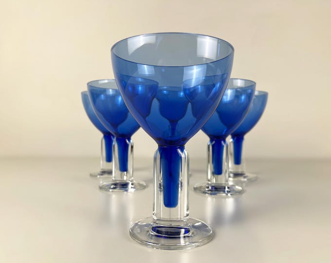 Set of 6 large stylish crystal glass "Merlino into the blue" glasses, Studio Bormioli Rocco Italy 1990s