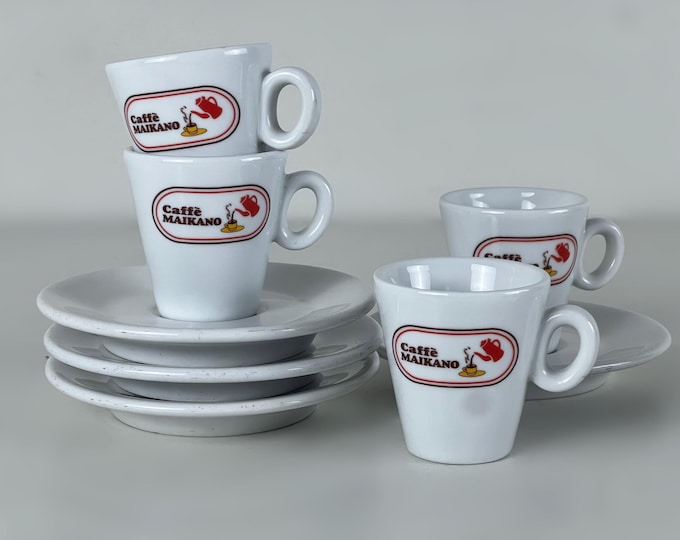 Set of 4 espresso cups with matching saucers, bar quality porcelain, Caffè Maikano manufactured in Italy, 2000s