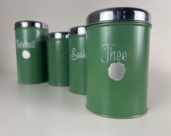 Dutch vintage metal storage containers coffee, tea, sugar and biscuit set of 4, Brabantia, Manufactured in the Netherlands 1950s
