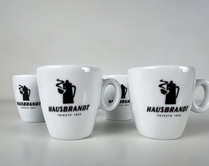 Set of 4 espresso cups, vintage, bar quality porcelain espresso cups, advertising "Hausbrandt" manufactured in Italy by AP, 2000s