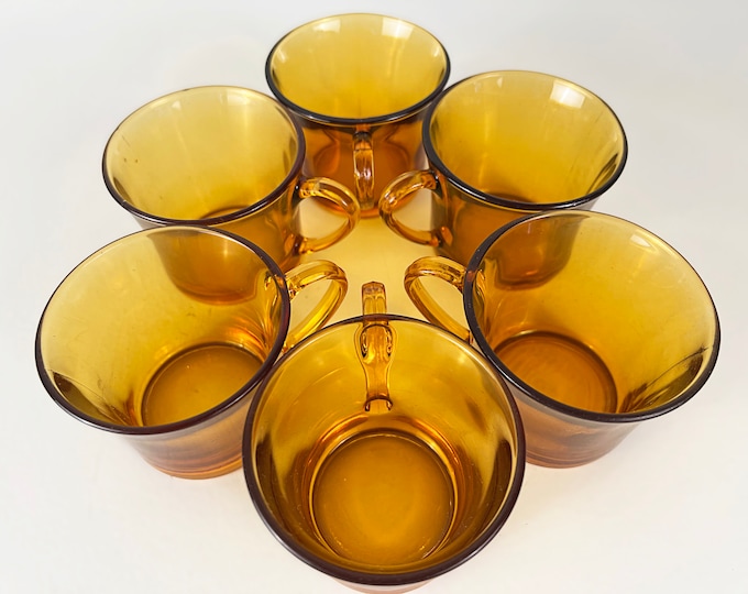 6 amber colored glass coffee cups, vintage retro mid century modern design, 1960s Duralex FranceFrance 1960s