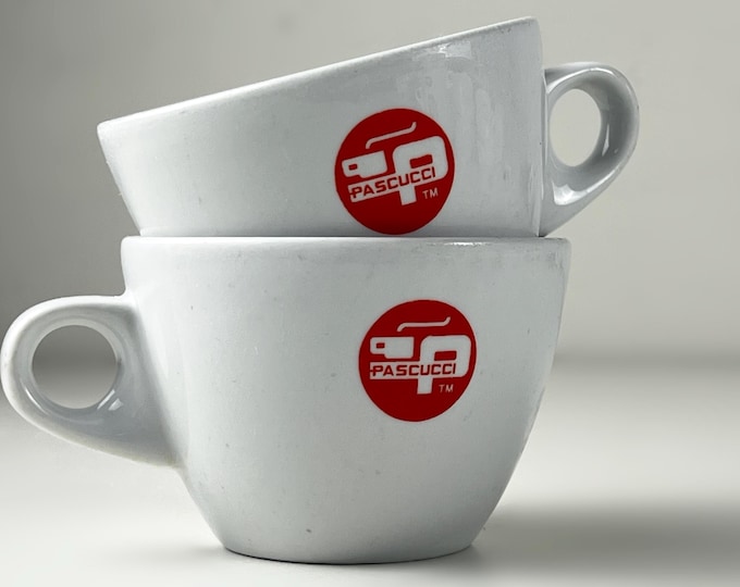 Set of 2 or 3 porcelain coffee or cappuccino cups, bar quality porcelain advertising caffe Pascucci, manufactured by ACF or AADiF Italy
