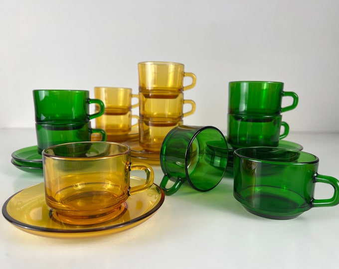 Set of 6 green or amber glass cups and saucers, Vereco France, demitasse coffee cups, , mid century modern 1970's