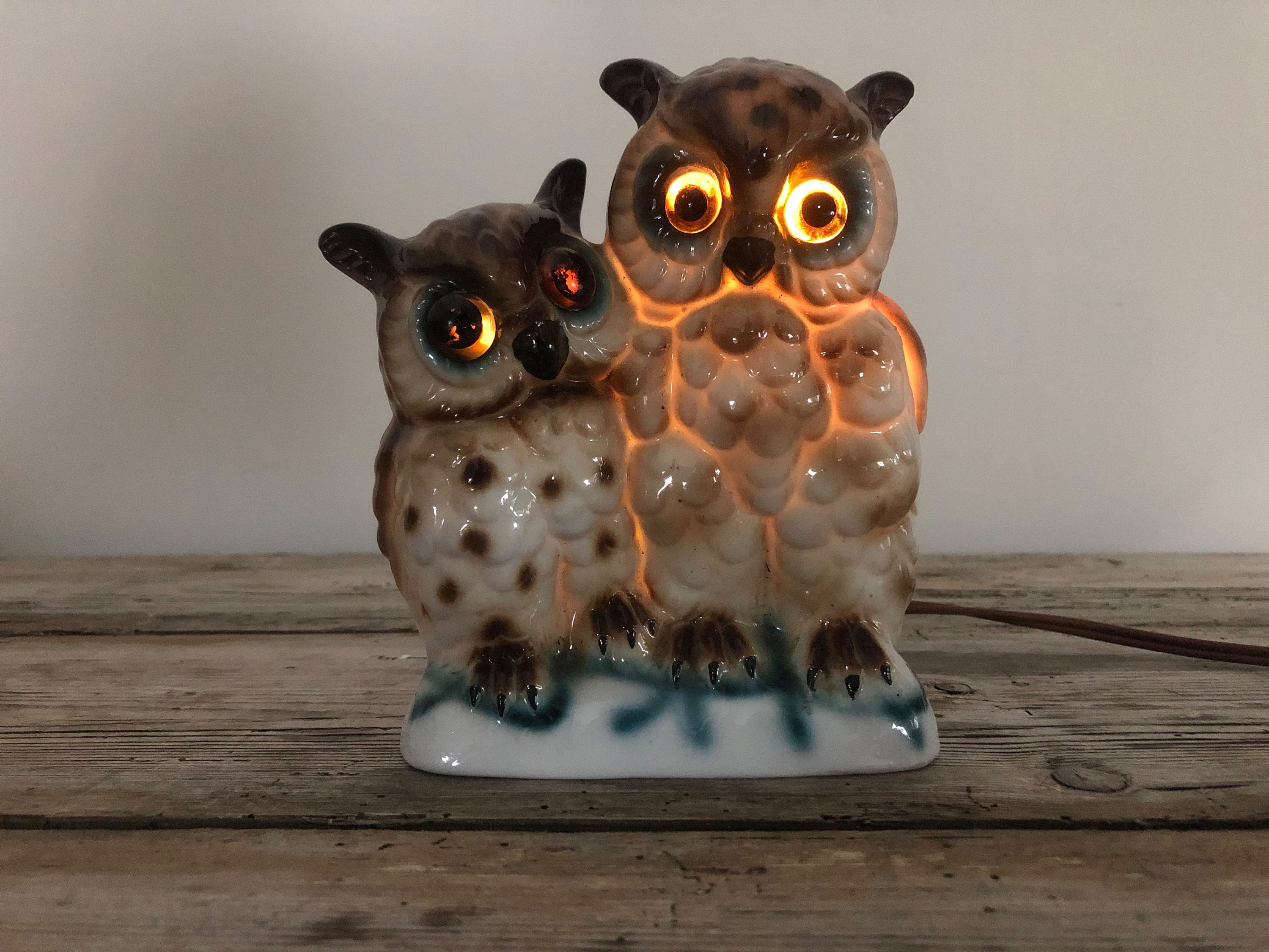 Lampe hibou chouette Chaumette et son abat jour en soie peint à la main -   France