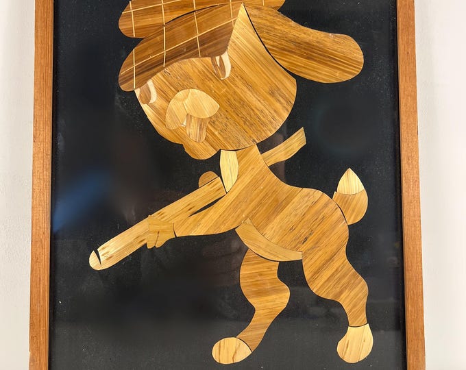 Vintage retro 1970 glass framed inlaid wood wall hanging