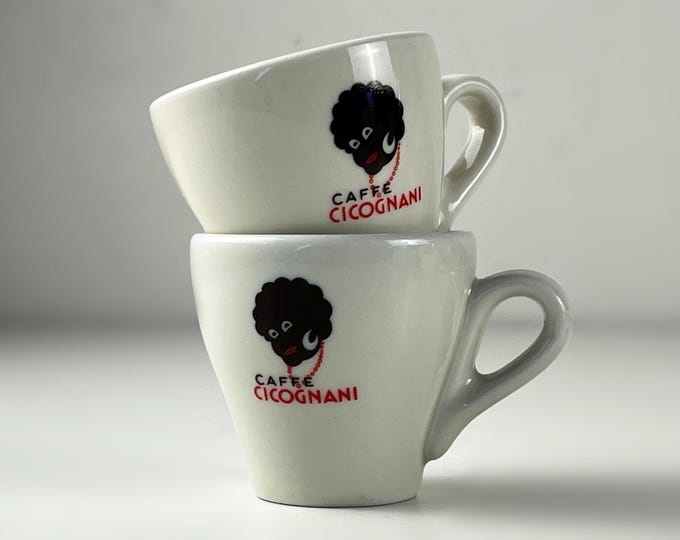 Set of 2 vintage Caffè Cicognani Ferrara espresso cups, off-white & brown Italian porcelain manufactured by ACF