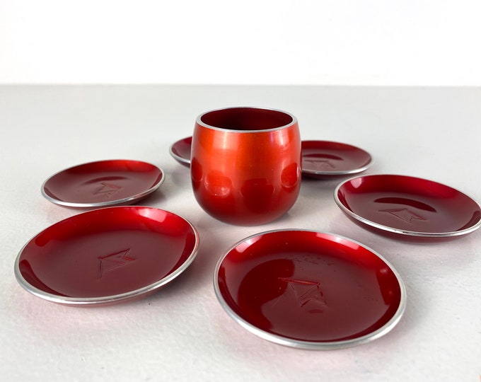 Vintage Emalox seven pieces red snack set from the 1960's, mid century modern barware