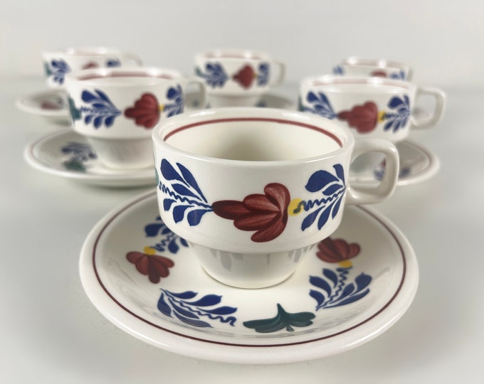 Sets of 2 or 3 Vintage hand painted coffee cups Dutch Boerenbont decor, manufactured by Royal Boch, Belgium.