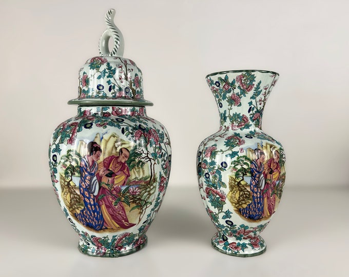 Hubert Bequet QUAREGNON Belgium, beautiful set of hand painted vase and ginger jar with flowers and an oriental scene