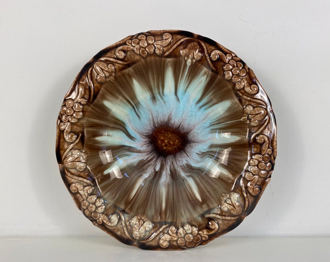 Beautiful art deco, drip glaze fruit bowl, trinket dish, flower design, 1930s West Germany pottery