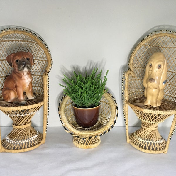 Small vintage rattan peacock chairs, peacock chair plant stands, mini peacock doll chairs, boho decor plant stands