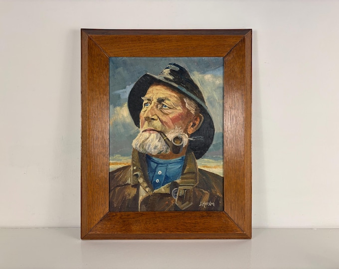 Antique framed portrait, oil painting of pipe-smoking fisherman by Dutch Painter J. Horsten