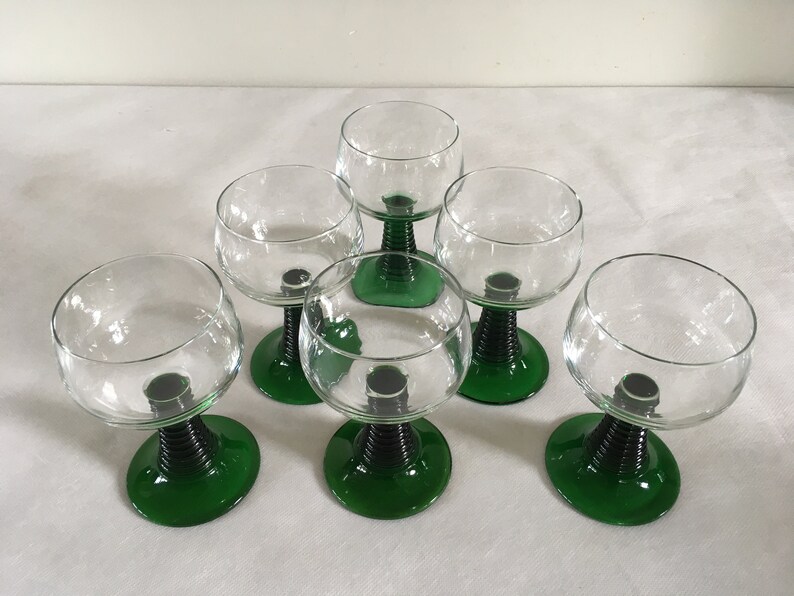 6 large green stemmed wine glasses green ribbed stem roemer Etsy