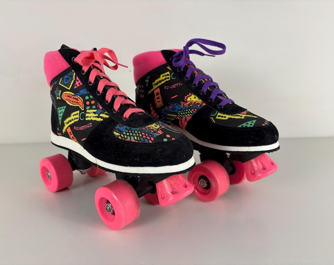 Vintage 80's Retro disco Roller skates black, neon pink and purple, Size: EU 40 USwoman 8.0, USman 7.0, UK 6.5