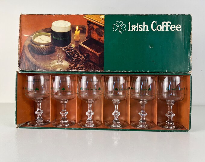 Set of 6 vintage Irish coffee glasses from the 1970s, Durobor, lovely mid century modern barware in original box