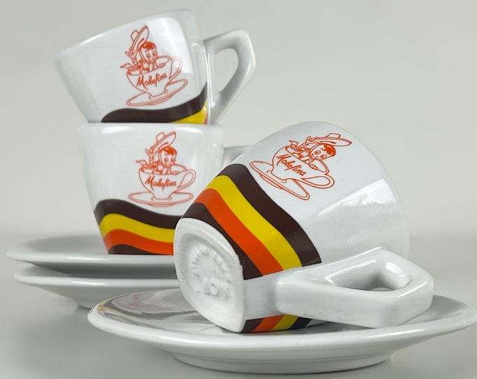 Set of 3 attractive vintage bar quality porcelain espresso cups with Caffè Mokafino logo, manufactured by ACF Italy 1980s