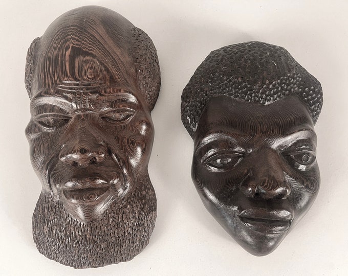 Large Congolese wenge wood masks, African hand carved wooden masks from the 1950s